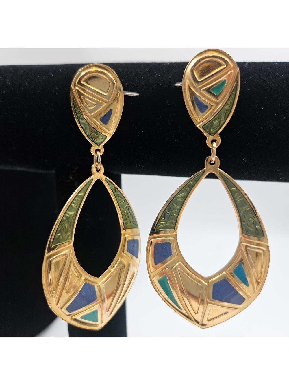 Edgar Berebi NY Vintage Art Deco Earrings Gold Tone Blue Teal Olive Green Enamel